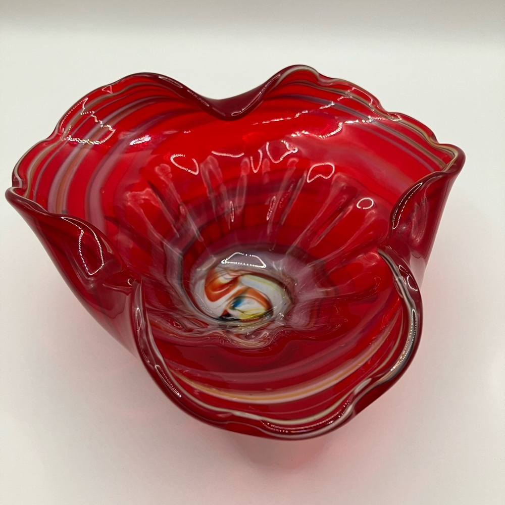 Vintage Red fruitti- tutti hand blown glass ruffle bowl